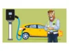 Ein fröhlicher Löwe vor seinem E-Auto, das gerade lädt
