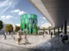 Visualisierung eines modernen grünen Rundbaus mit Glasfassade am Friedrich-Ebert-Platz in Remscheid, umgeben von Menschen auf einem großen Platz mit Überdachung.